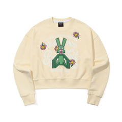 Square Block Rabbit Flower Cropped Crewneck Cream
