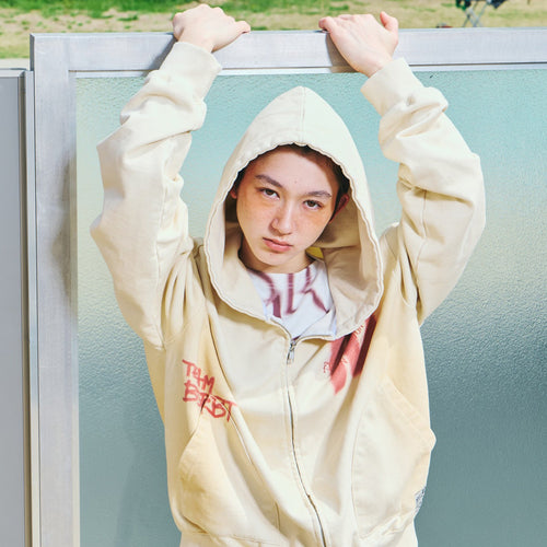 Oil-Washed Graphic Zip-Up Hoodie Ivory