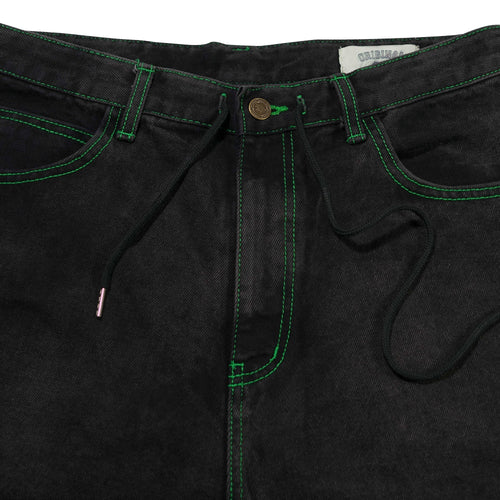Carpenter Loosefit Denim Short Pants Black Green Stitch