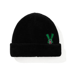 Square Block Rabbit Soft Fur Beanie Black