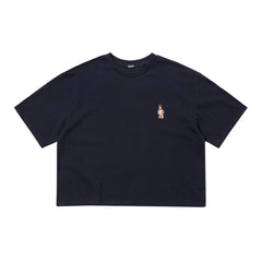 Embroidery Bear Rabbit Wide Crop Top Navy