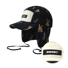 Earflap 5 Panel Fleece Hat Bear Rabbit Black