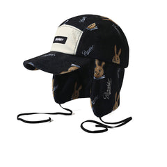 Earflap 5 Panel Fleece Hat Bear Rabbit Black