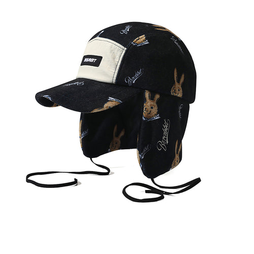 Earflap 5 Panel Fleece Hat Bear Rabbit Black