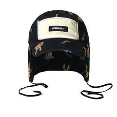 Earflap 5 Panel Fleece Hat Bear Rabbit Black
