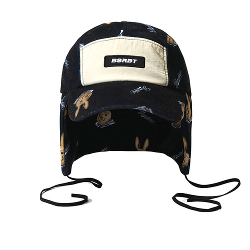 Earflap 5 Panel Fleece Hat Bear Rabbit Black