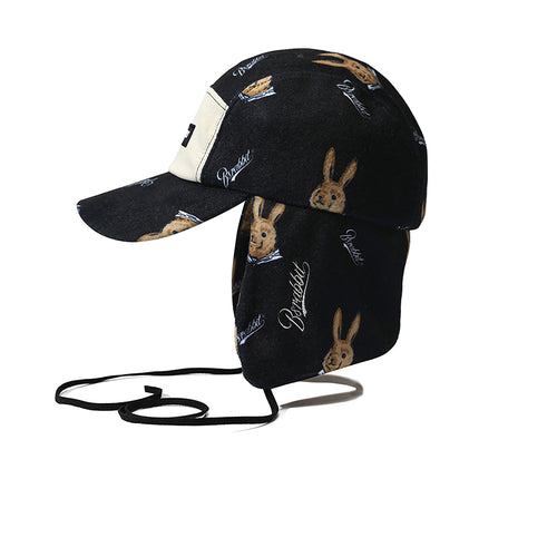 Earflap 5 Panel Fleece Hat Bear Rabbit Black