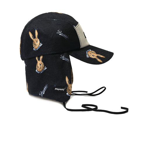 Earflap 5 Panel Fleece Hat Bear Rabbit Black