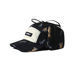 Earflap 5 Panel Fleece Hat Bear Rabbit Black