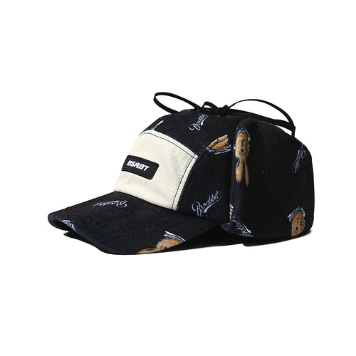 Earflap 5 Panel Fleece Hat Bear Rabbit Black