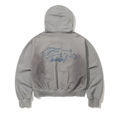 Oil-Washed Graphic Zip-Up Hoodie Light Gray