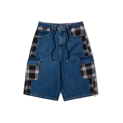 Carpenter Loose Fit Cargo Denim Shorts Mixed Check Deep Blue
