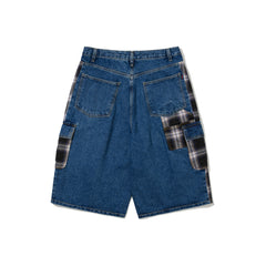 Carpenter Loose Fit Cargo Denim Shorts Mixed Check Deep Blue