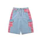 Carpenter Loose Fit Cargo Denim Shorts Mixed Check Light Blue