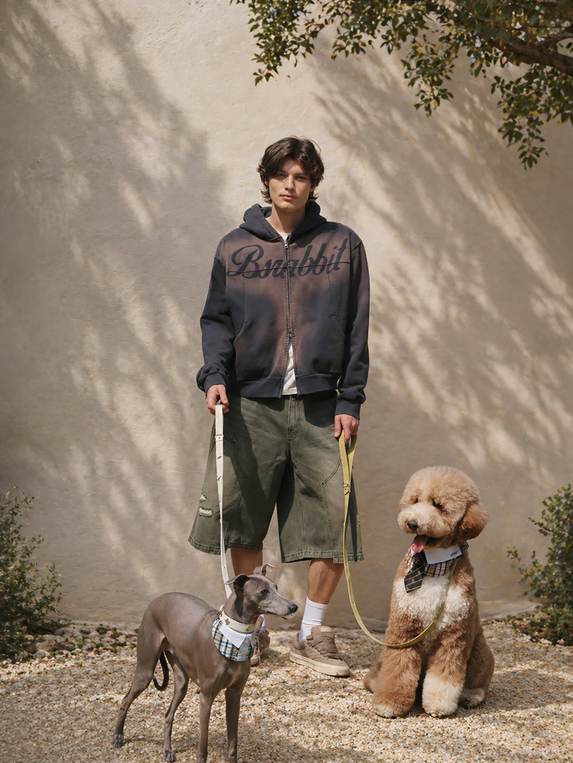 Models with poodle and Italian greyhound wearing BSRABBIT PET leash and harness styles outdoors