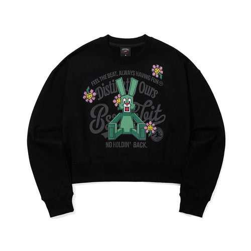 SQUARE BLOCK RABBIT FLOWER CROPPED CREWNECK BLACK