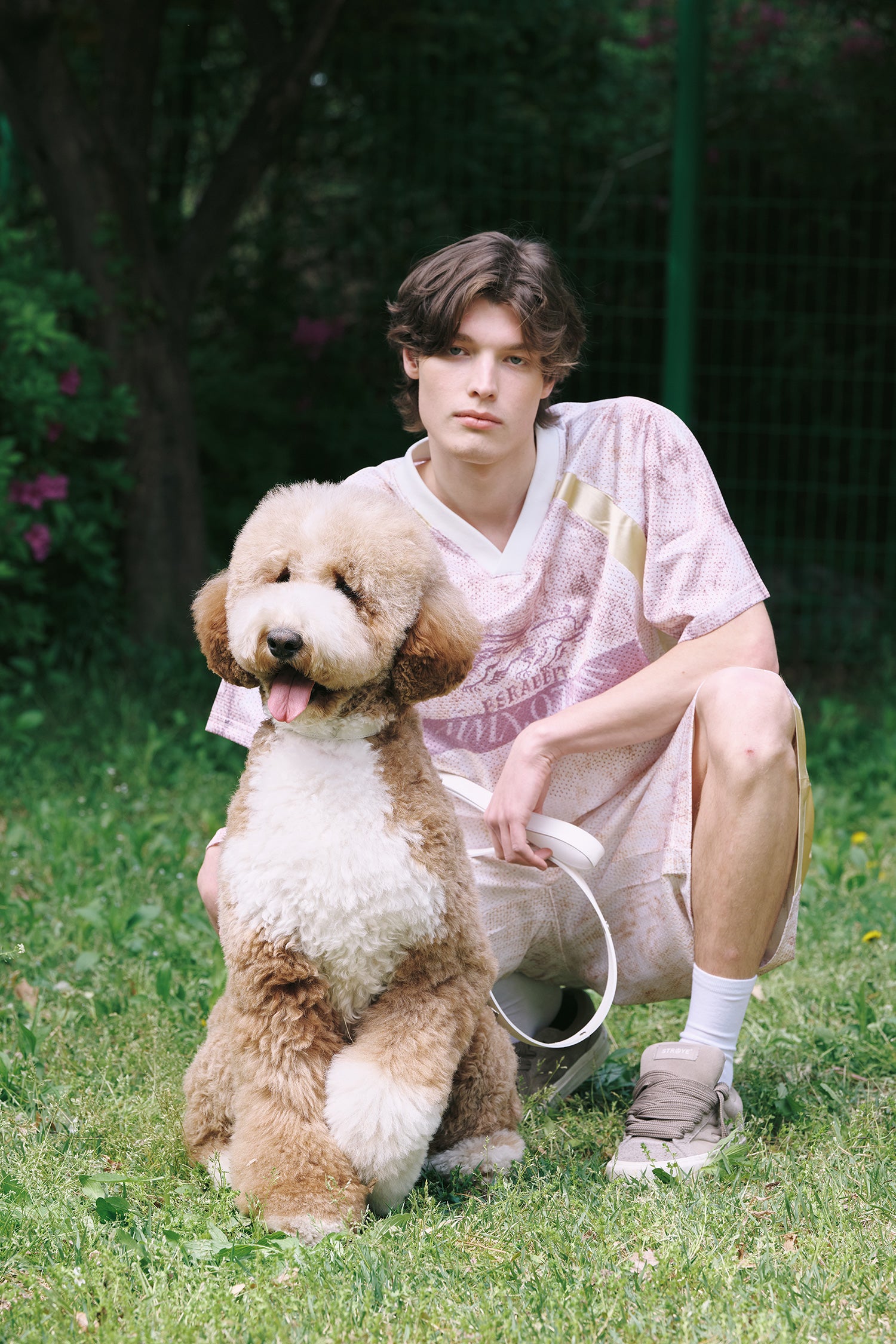 Models with poodle and Italian greyhound wearing BSRABBIT PET leash and harness styles outdoors