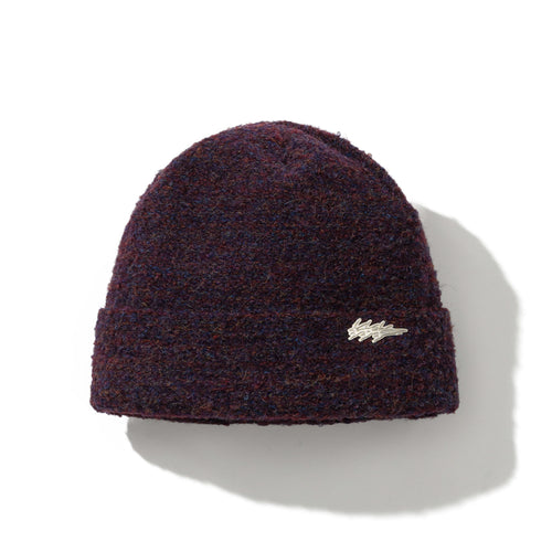 Triple Trace Metal Label Curly Beanie Burgundy Mix