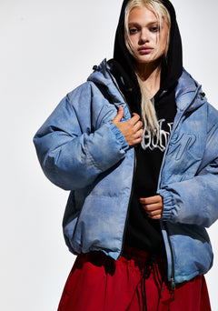 Bsr Applique Irregular Quilted Hood Puffer Jacket Sky