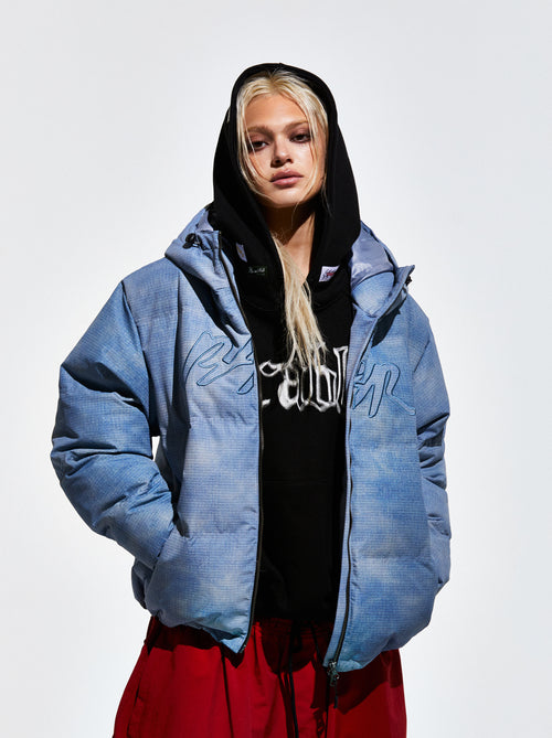 Bsr Applique Irregular Quilted Hood Puffer Jacket Sky