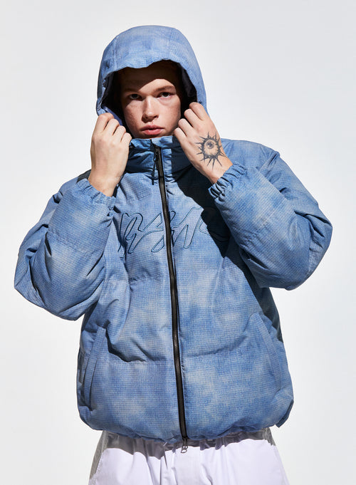 Bsr Applique Irregular Quilted Hood Puffer Jacket Sky