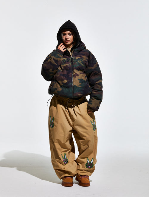 Bsr Applique Irregular Quilted Hood Puffer Jacket Camo