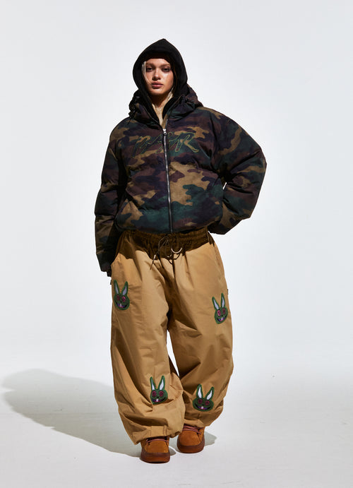 Bsr Applique Irregular Quilted Hood Puffer Jacket Camo