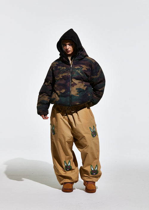 Bsr Applique Irregular Quilted Hood Puffer Jacket Camo
