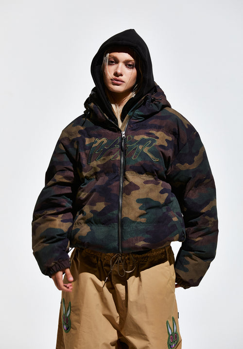 Bsr Applique Irregular Quilted Hood Puffer Jacket Camo
