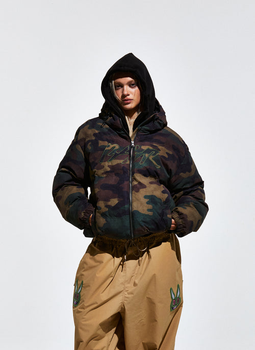 Bsr Applique Irregular Quilted Hood Puffer Jacket Camo