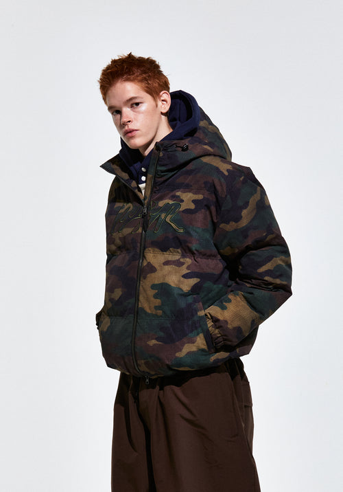 Bsr Applique Irregular Quilted Hood Puffer Jacket Camo