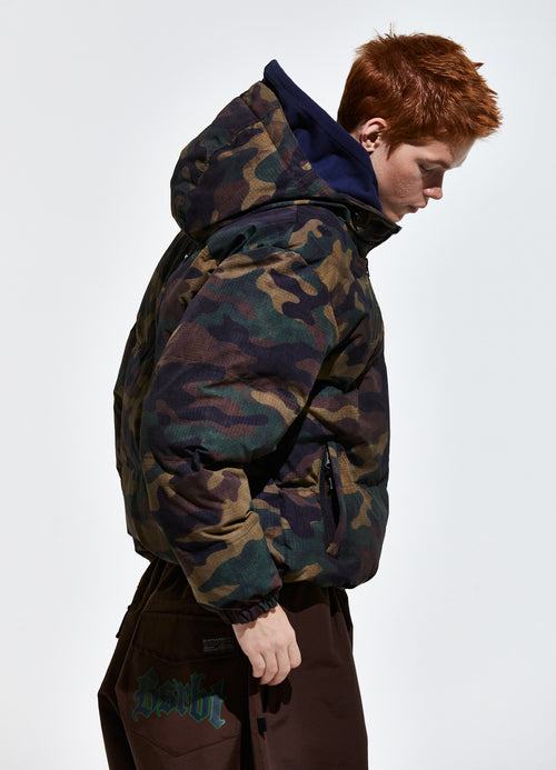 Bsr Applique Irregular Quilted Hood Puffer Jacket Camo