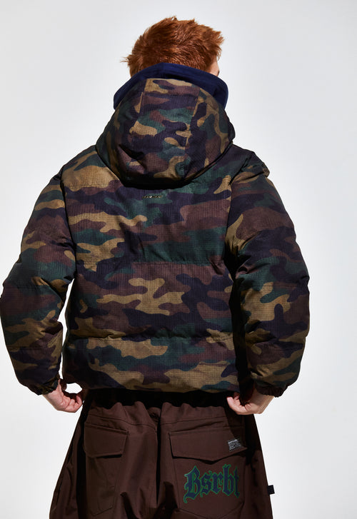 Bsr Applique Irregular Quilted Hood Puffer Jacket Camo