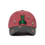 Square Block Rabbit Flower Cotton Cap Pigment Pink