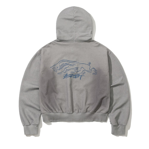 Oil-Washed Graphic Zip-Up Hoodie Light Gray