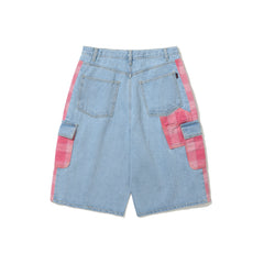 Carpenter Loose Fit Cargo Denim Shorts Mixed Check Light Blue