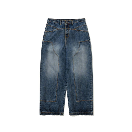 Cut-Out Damaged Denim Pants Washed Indigo