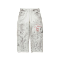 Rabbit Graffiti Barrel-Leg Vintage-Washed Denim Pants White