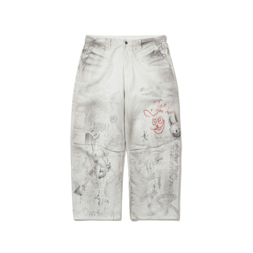 Rabbit Graffiti Barrel-Leg Vintage-Washed Denim Pants White