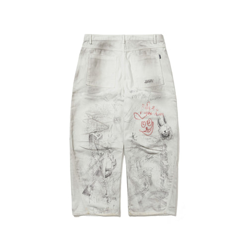 Rabbit Graffiti Barrel-Leg Vintage-Washed Denim Pants White