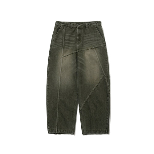Asymmetric Washed Denim Pants Olive