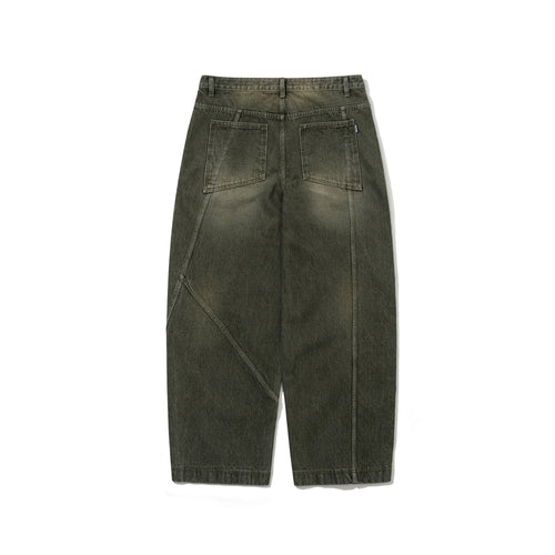 Asymmetric Washed Denim Pants Olive